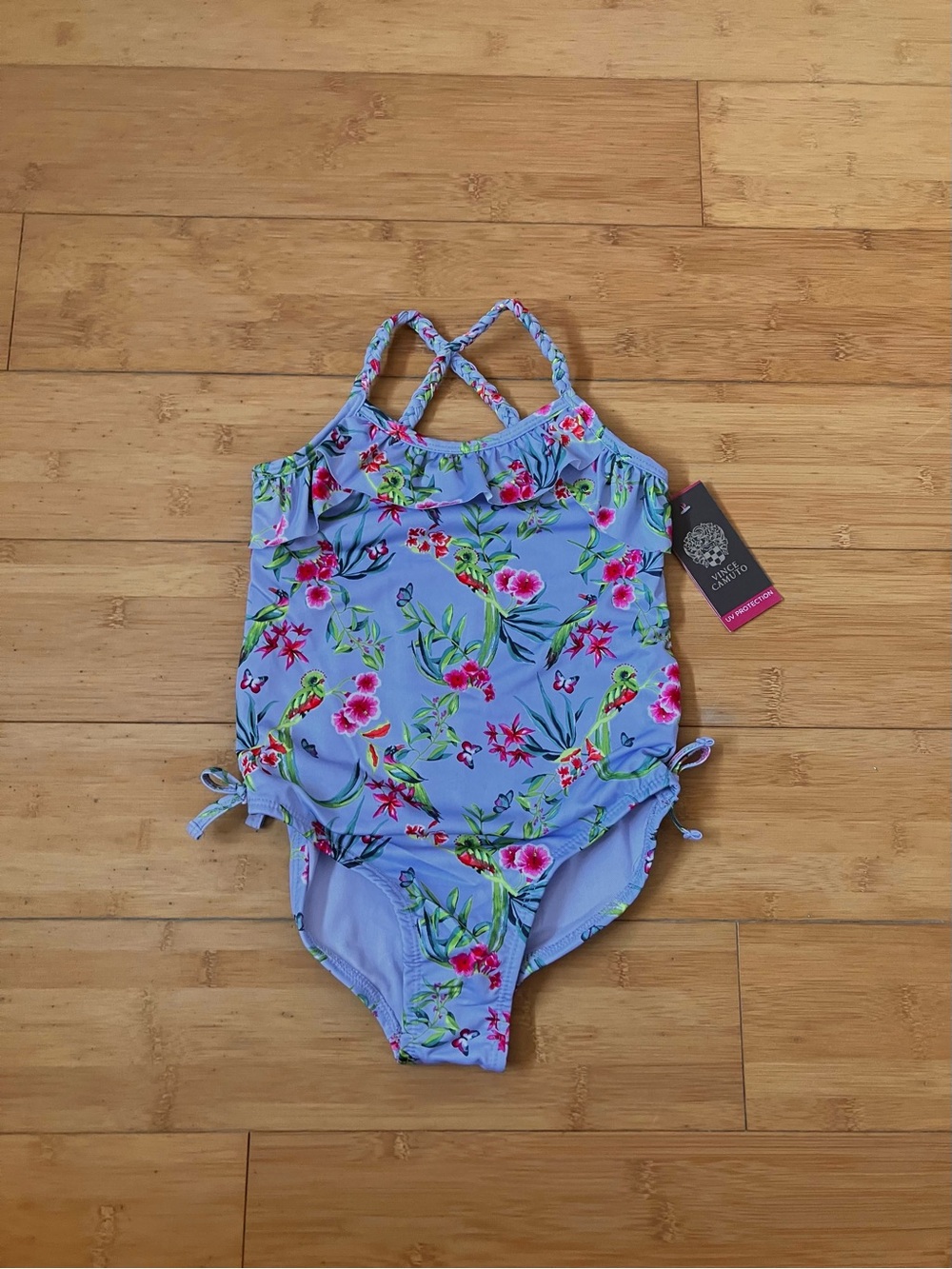 NWT Girls Size 7 Blue Floral One-Piece Swimsuit with Crisscross Straps